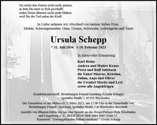 Traueranzeige von Ursula Schepp von Wiesbadener Kurier