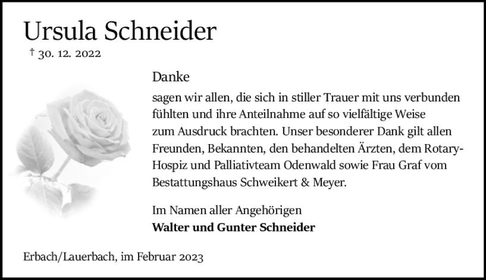  Traueranzeige für Ursula Schneider vom 11.02.2023 aus Odenwälder Echo