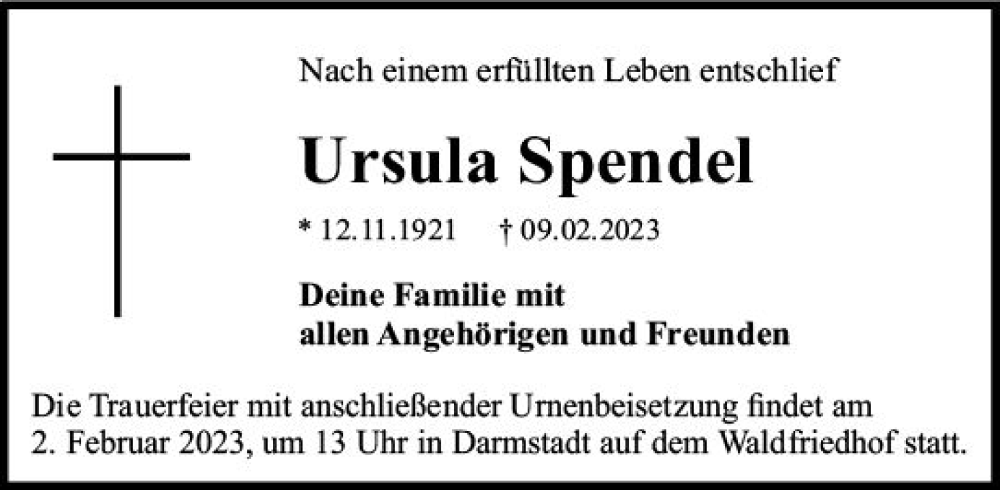  Traueranzeige für Ursula Spendel vom 18.02.2023 aus Darmstädter Echo