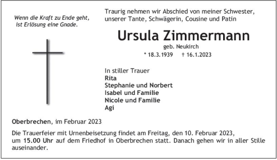 Traueranzeige von Ursula Zimmermann von Nassauische Neue Presse