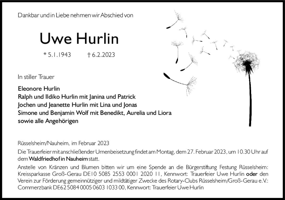  Traueranzeige für Uwe Hurlin vom 18.02.2023 aus Rüsselsheimer Echo