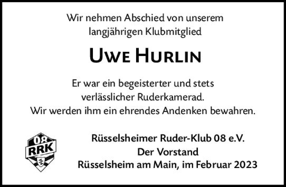  Traueranzeige für Uwe Hurlin vom 25.02.2023 aus Rüsselsheimer Echo