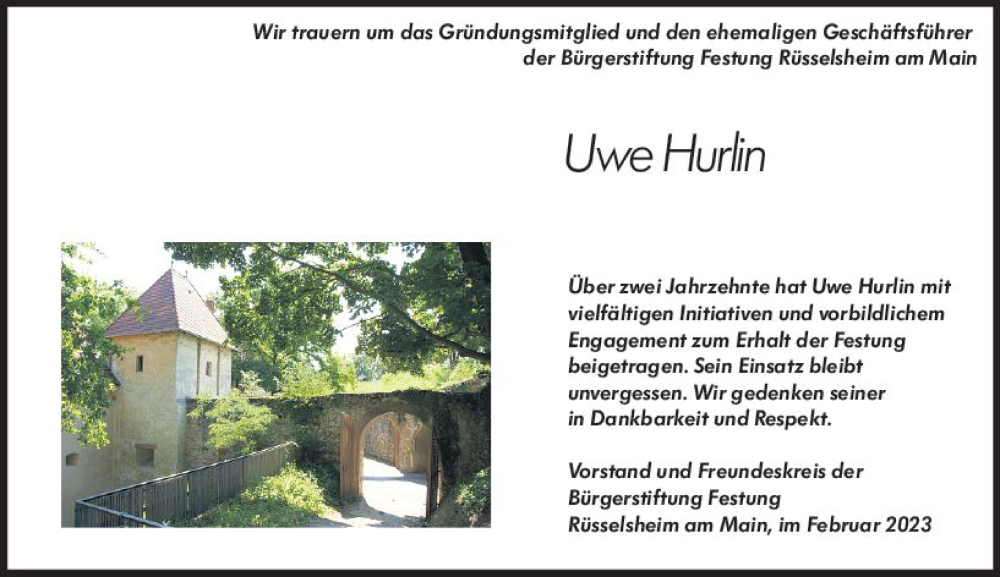  Traueranzeige für Uwe Hurlin vom 18.02.2023 aus Rüsselsheimer Echo