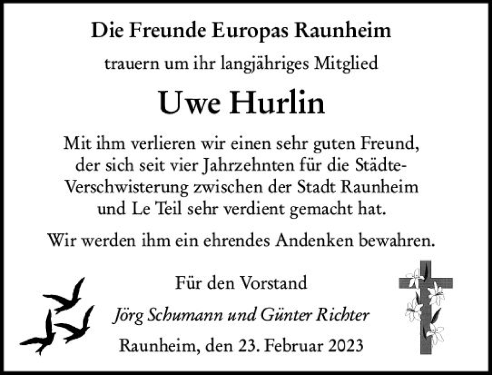  Traueranzeige für Uwe Hurlin vom 25.02.2023 aus Rüsselsheimer Echo