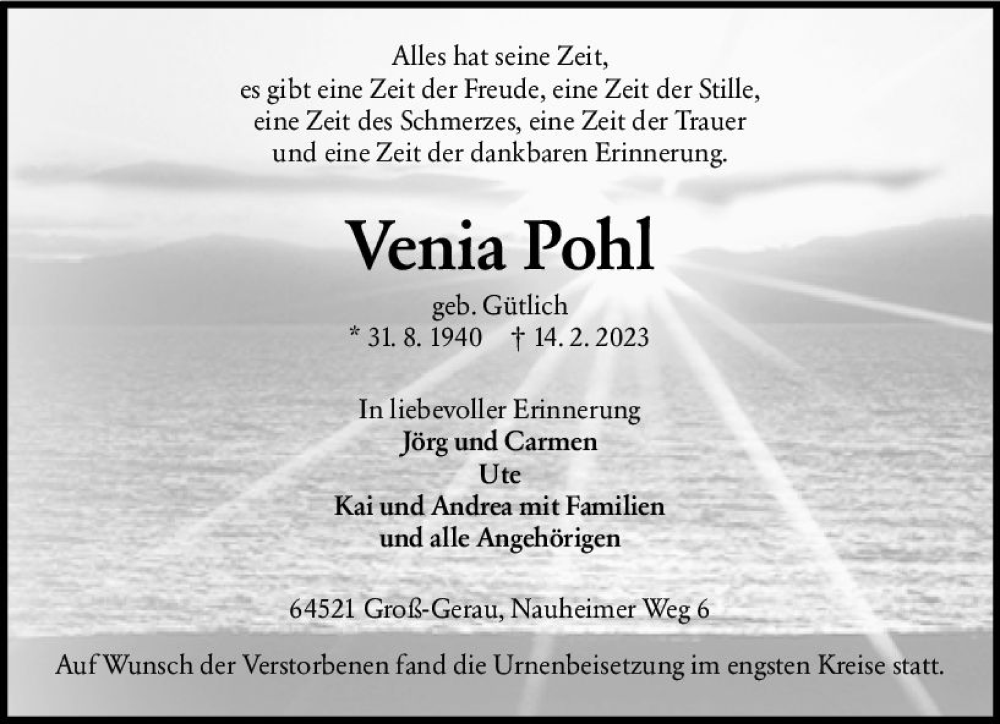  Traueranzeige für Venia Pohl vom 25.02.2023 aus Groß-Gerauer Echo