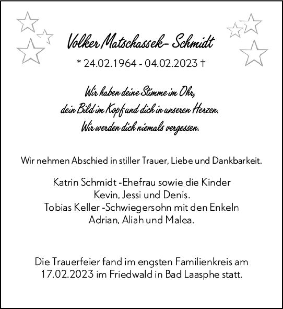  Traueranzeige für Voler Matschassek-Schmidt vom 24.02.2023 aus Hinterländer Anzeiger