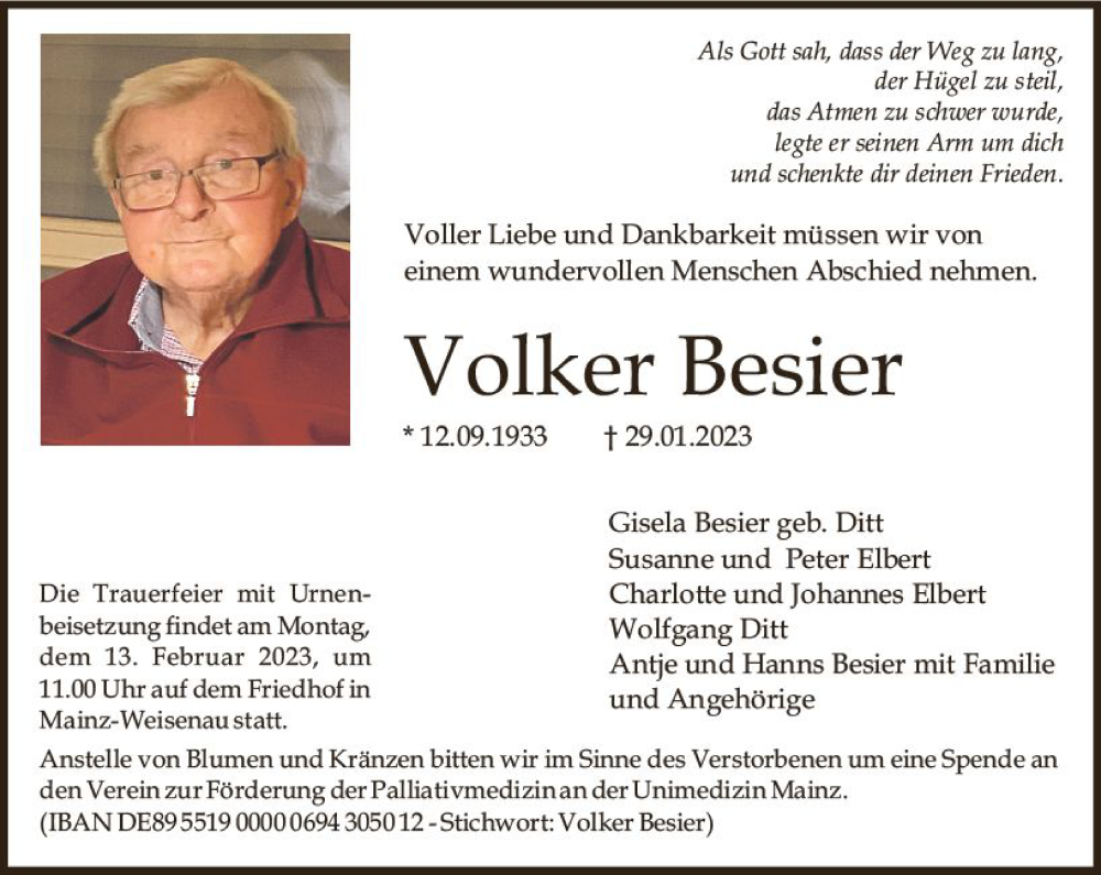  Traueranzeige für Volker Besier vom 04.02.2023 aus Allgemeine Zeitung Mainz