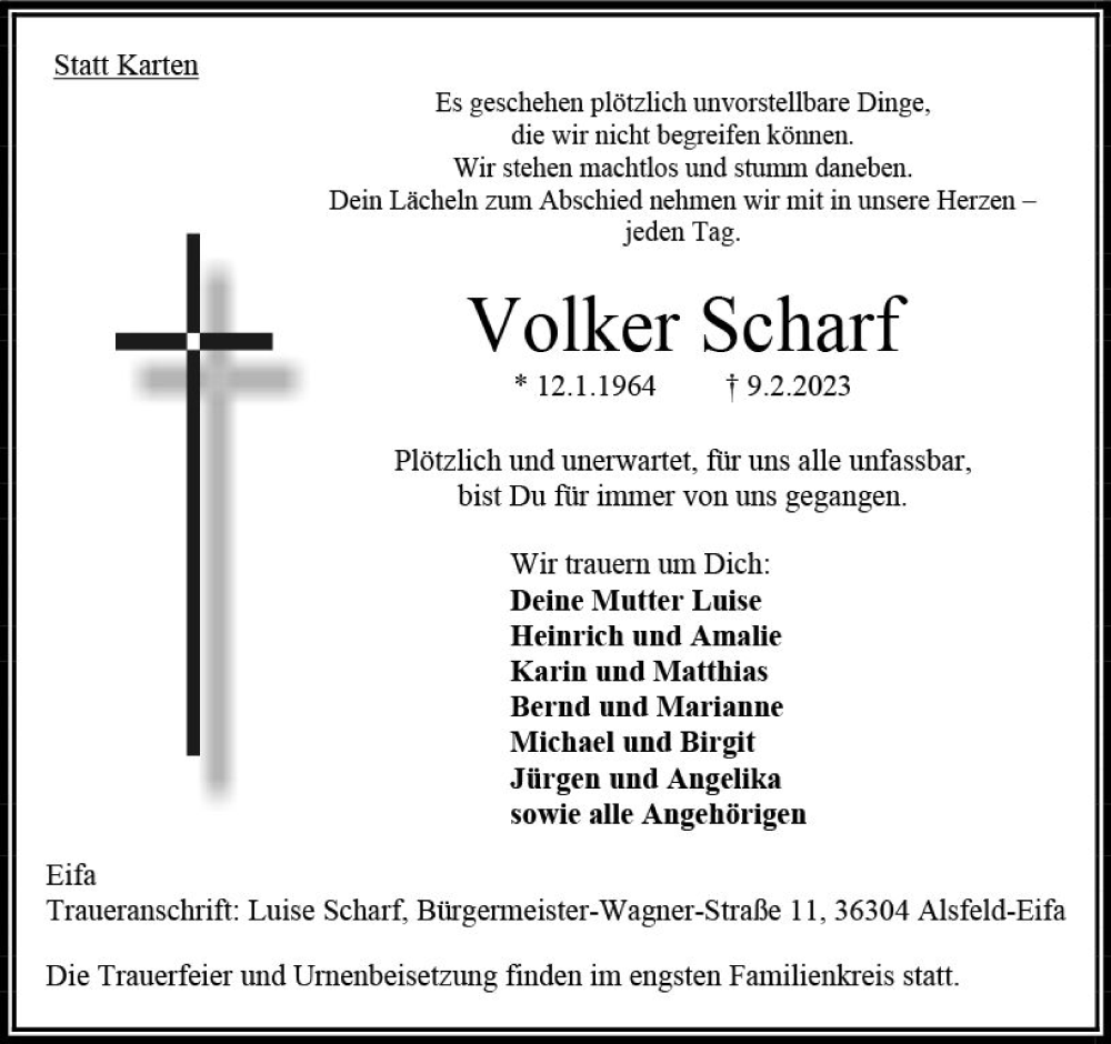  Traueranzeige für Volker Scharf vom 11.02.2023 aus VRM Trauer