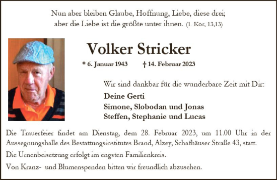 Traueranzeige von Volker Stricker von Allgemeine Zeitung Alzey