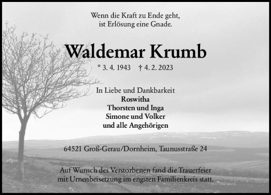 Traueranzeige von Waldemar Krumb von Groß-Gerauer Echo