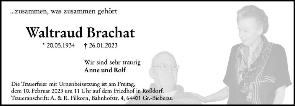 Traueranzeige für Walltraud Brachat vom 04.02.2023 aus Darmstädter Echo