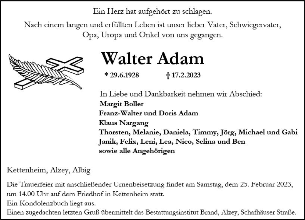 Traueranzeige für Walter Adam vom 22.02.2023 aus Allgemeine Zeitung Alzey