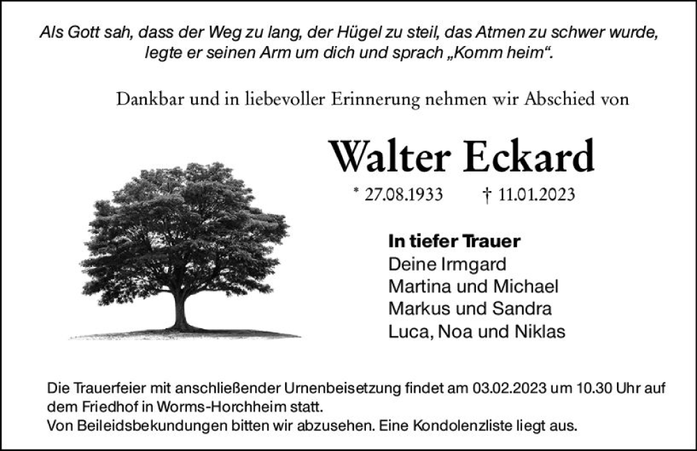  Traueranzeige für Walter Eckard vom 01.02.2023 aus Wormser Zeitung