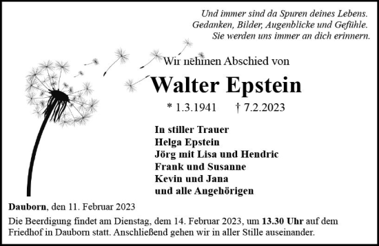 Traueranzeige von Walter Epstein von Nassauische Neue Presse
