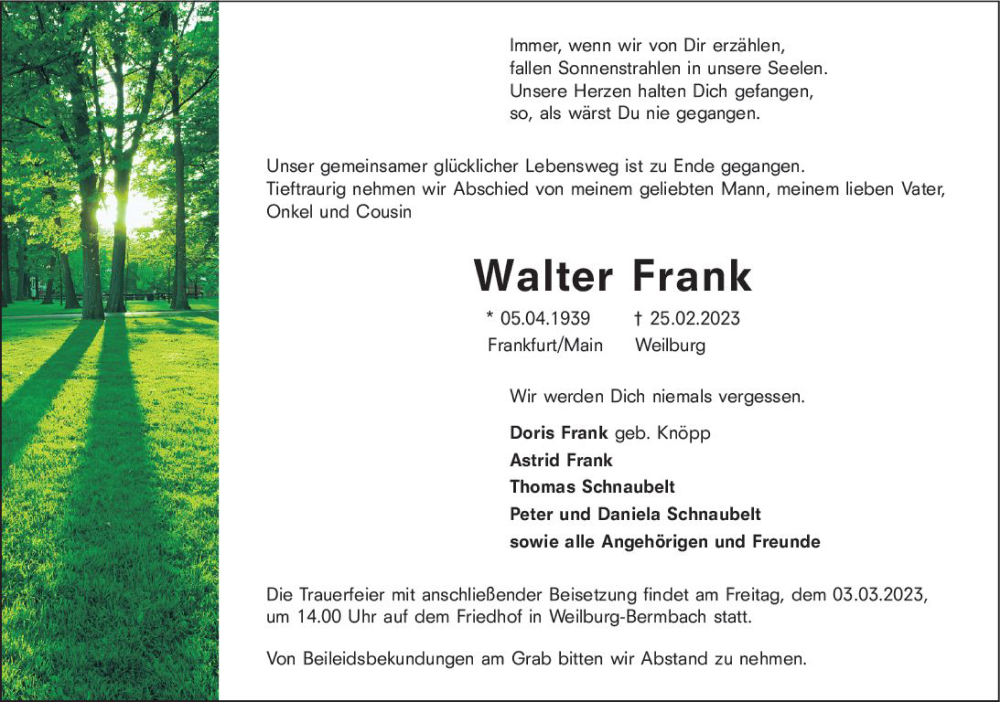  Traueranzeige für Walter Frank vom 28.02.2023 aus Weilburger Tageblatt