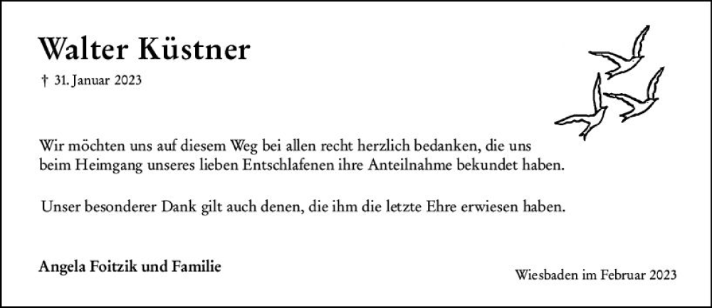  Traueranzeige für Walter Kästner vom 18.02.2023 aus Wiesbadener Kurier