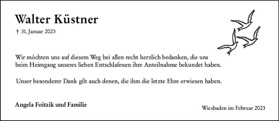 Traueranzeige von Walter Kästner von Wiesbadener Kurier
