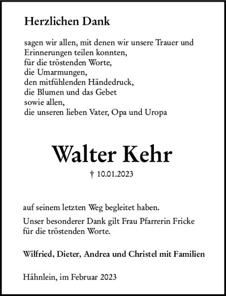  Traueranzeige für Walter Kehr vom 11.02.2023 aus Bergsträßer Anzeiger