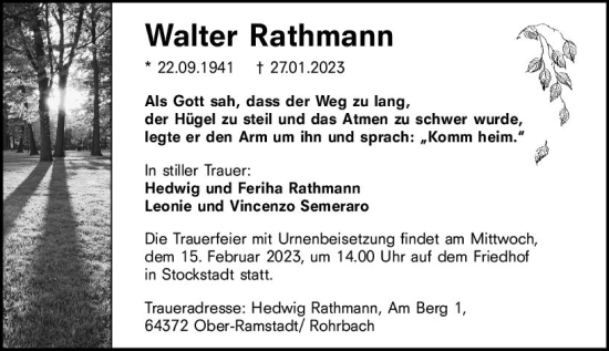 Traueranzeige von Walter Rathmann von Darmstädter Echo