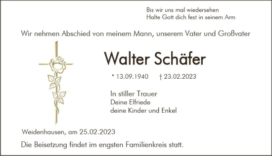 Traueranzeige von Walter Schäfer von Hinterländer Anzeiger