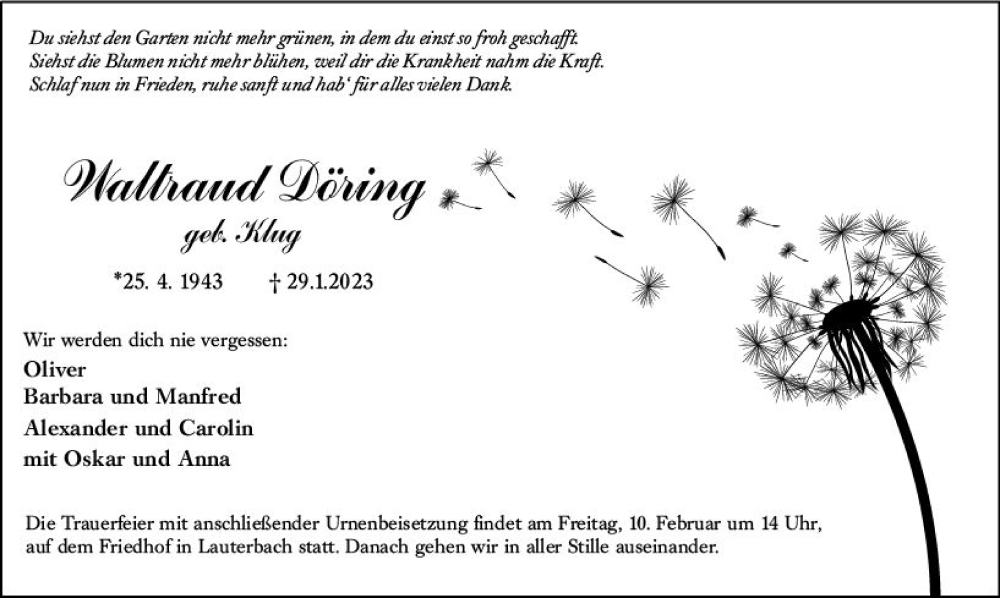  Traueranzeige für Waltraud Döring vom 04.02.2023 aus OK Oberhessen Kurier