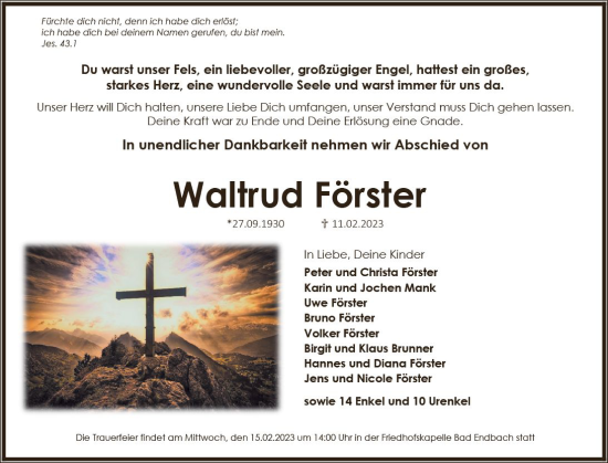 Traueranzeige von Waltrud Förster von Hinterländer Anzeiger