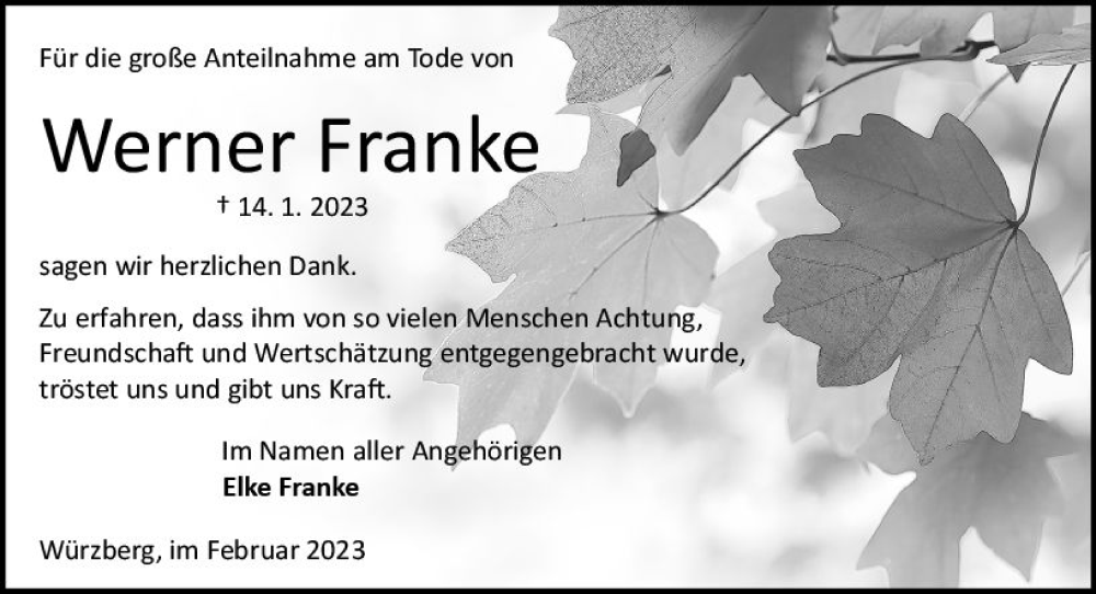  Traueranzeige für Werner Franke vom 11.02.2023 aus Odenwälder Echo