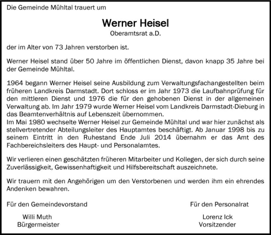 Traueranzeige von Werner Heisel von Darmstädter Echo