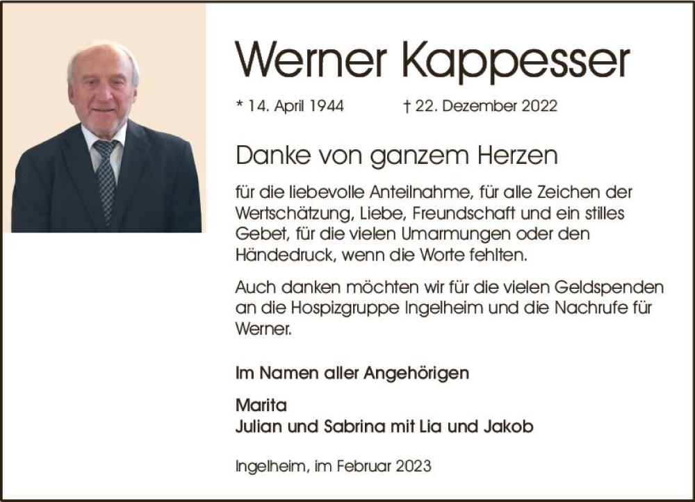  Traueranzeige für Werner Kappesser vom 04.02.2023 aus Allgemeine Zeitung Ingelheim-Bingen