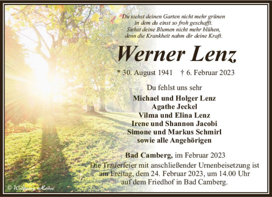 Traueranzeige von Werner Lenz von Camberger Anzeiger