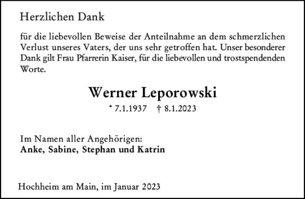  Traueranzeige für Werner Leporowski vom 03.02.2023 aus Hochheimer Zeitung