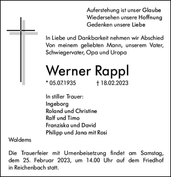 Traueranzeige von Werner Rappl von Camberger Anzeiger
