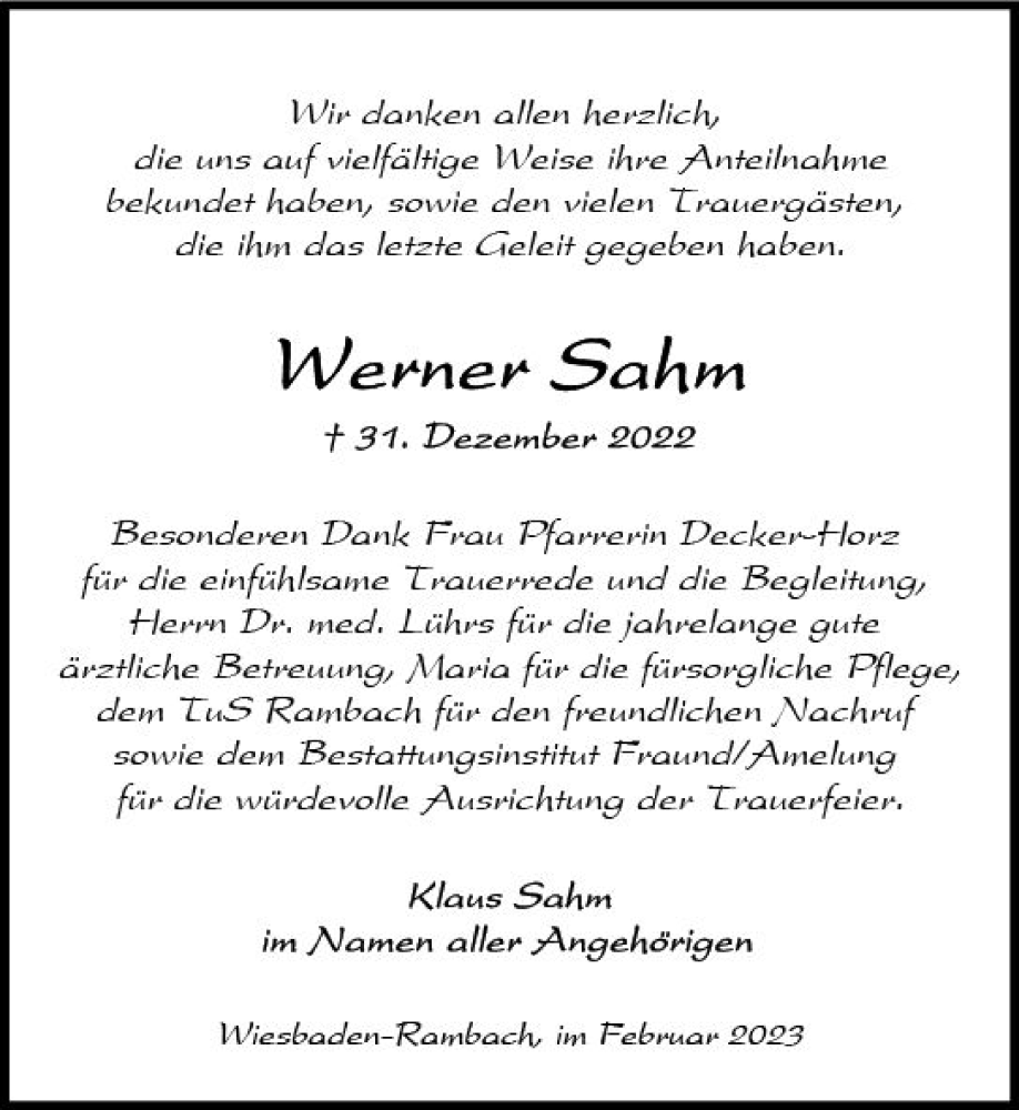 Traueranzeige für Werner Sahm vom 04.02.2023 aus Wiesbadener Kurier gesamt
