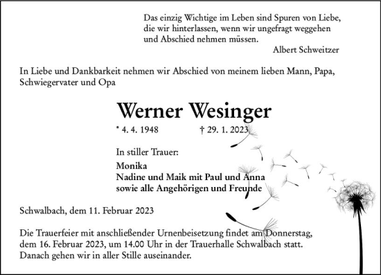 Traueranzeige von Werner Wesinger von Wetzlarer Neue Zeitung