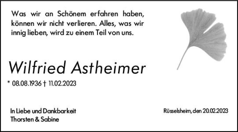  Traueranzeige für Wilfried Astheimer vom 20.02.2023 aus Rüsselsheimer Echo