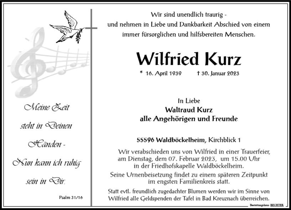  Traueranzeige für Wilfried Kurz vom 04.02.2023 aus Allgemeine Zeitung Bad Kreuznach