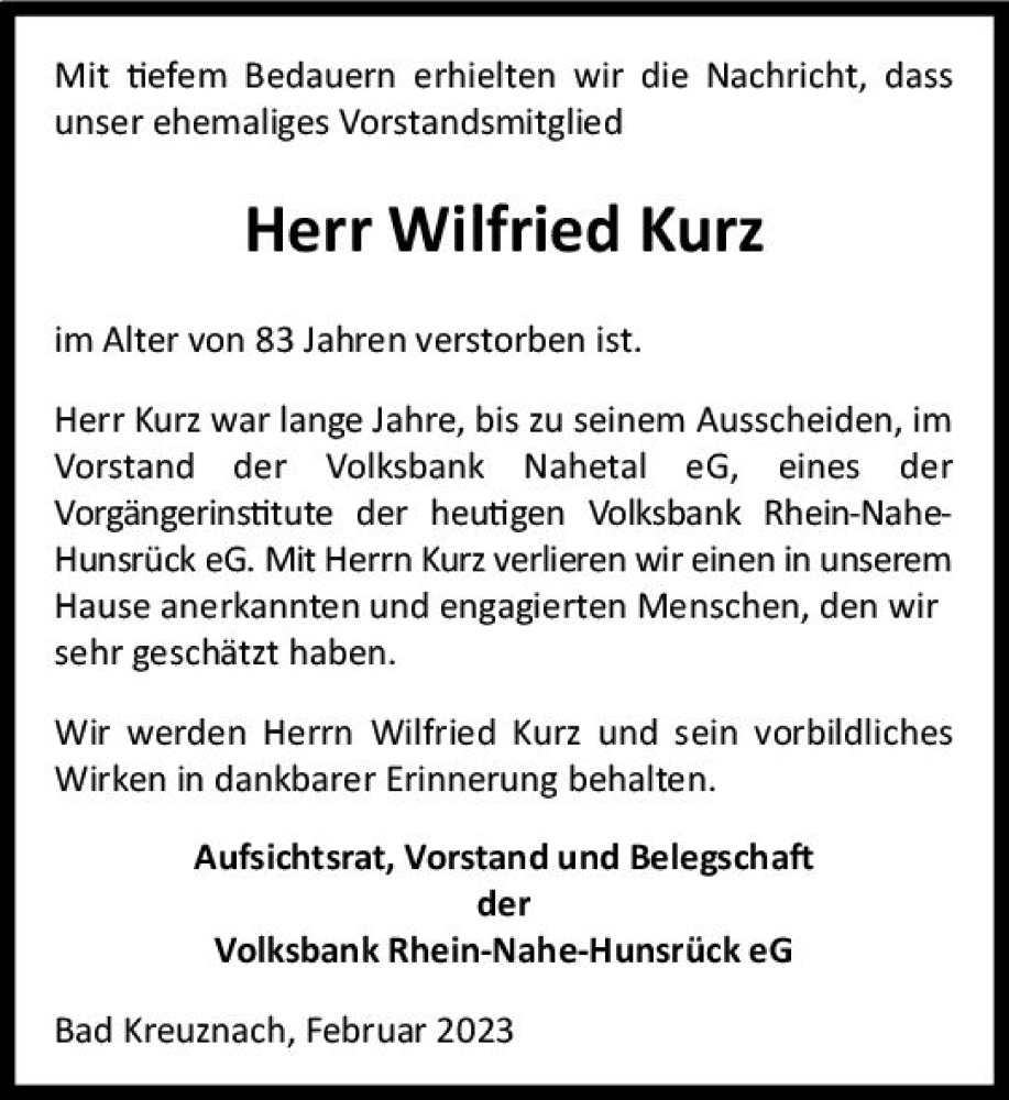  Traueranzeige für Wilfried Kurz vom 07.02.2023 aus Allgemeine Zeitung Bad Kreuznach