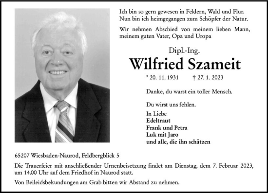 Traueranzeige von Wilfried Szameit von Wiesbadener Kurier gesamt