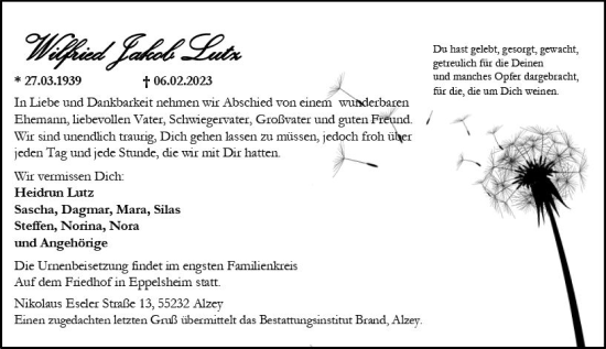Traueranzeige von Wilfried Jakob Lutz von Allgemeine Zeitung Alzey