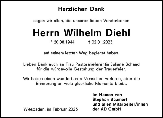 Traueranzeige von Wilhelm Diehl von Wiesbadener Kurier gesamt