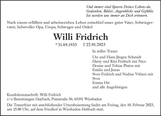 Traueranzeige von Willi Fridrich von Wiesbadener Kurier gesamt