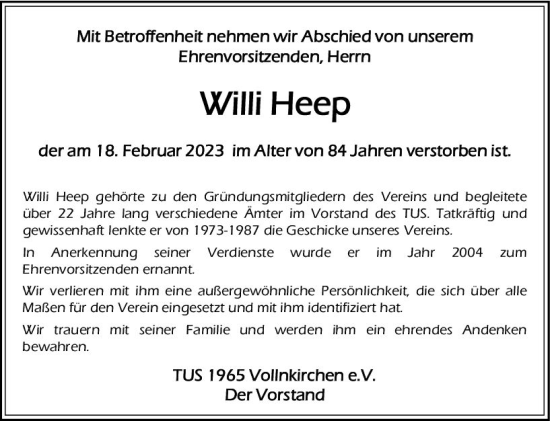 Traueranzeige von Willi Heep von Wetzlarer Neue Zeitung