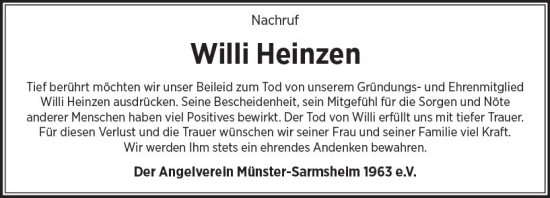 Traueranzeige von Willi Heinzen von Allgemeine Zeitung Bingen/Ingelheim