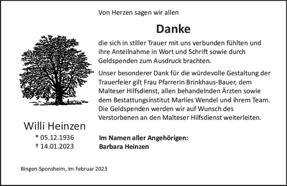  Traueranzeige für Willi Heinzen vom 11.02.2023 aus Allgemeine Zeitung Bad Kreuznach