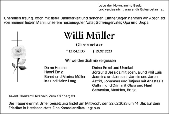 Traueranzeige von Willi Müller von Odenwälder Echo