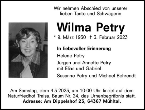 Traueranzeige von Wilma Petry von Darmstädter Echo