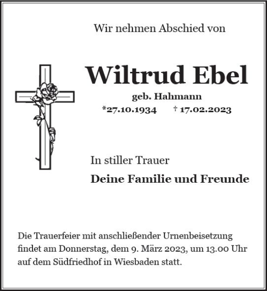 Traueranzeige von Wiltrud Ebel von Wiesbadener Kurier