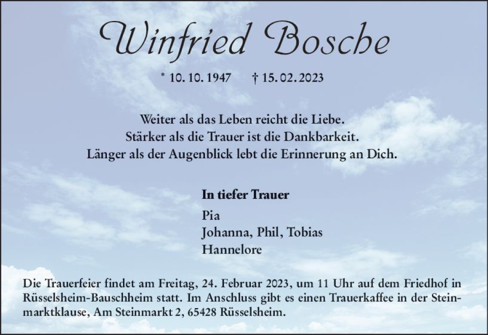  Traueranzeige für Winfried Bosche vom 18.02.2023 aus Rüsselsheimer Echo