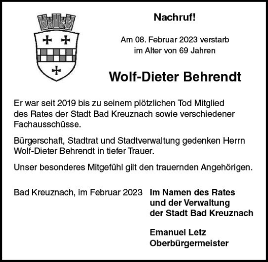 Traueranzeige von Wolf-Dieter Behrendt von Allgemeine Zeitung Bad Kreuznach