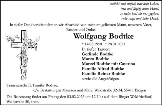 Traueranzeige von Wolfgang Bodtke von Allgemeine Zeitung Ingelheim-Bingen